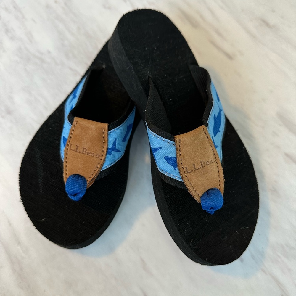 LL Bean flip flops with shark print